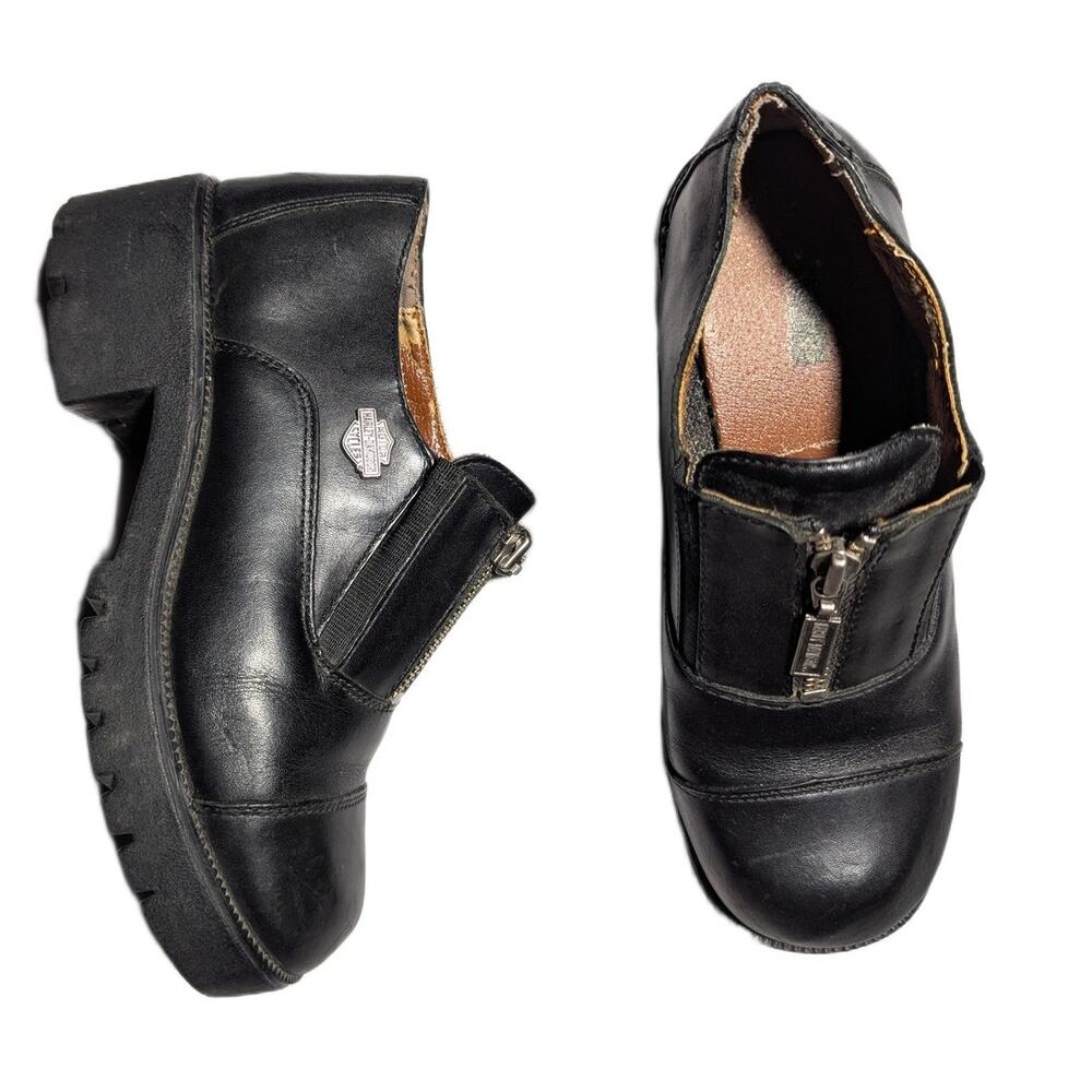 Vtg Y2K Harley-Davidson Black Leather Front Zip Chunky Sole Biker Oxfords Sz 6.5